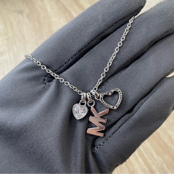 NWT✅Authentic MICHAEL KORS Silver MK Logo & Heart & Crystal Heart Necklace - Picture 1 of 9